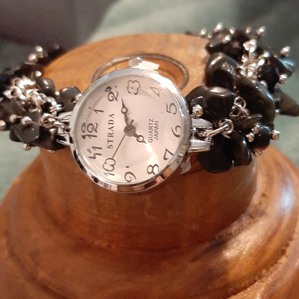 Bracelet Watch with Black Agate Bead Band